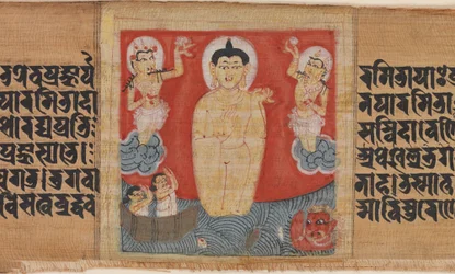 Buddha giver sikkerhed (Abhayananda) til søfolk, blad fra en spredt Pancavimsatisahasrika Prajnapramita