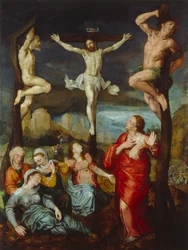 Hollandsk: Kristus på korset med Maria, Johannes og Maria Magdalene