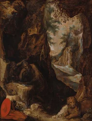 Hollandsk: Sankt Hieronymus i en grotte Sankt Hieronymus i et landskab med en grotte