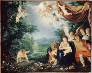 Fransk: Le Repos de la Sainte Famille pendant la fuite en Égypte (Den hellige familie i hvile under flugten til Egypten)