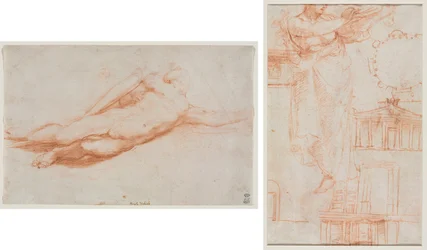 Studie af en falden soldat (muligvis Sauls omvendelse) (recto); En draperet kvindefigur (muligvis en Amazon) og arkitektoniske studier (verso)