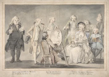Satirisk tegning: Kunstner maler en gammel dames portræt, 1729-1804.