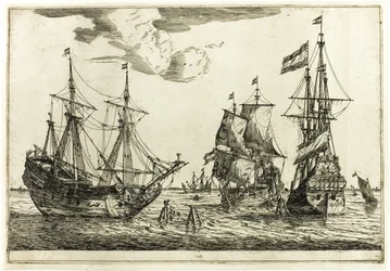 Tre fortøjede sejlskibe, fra tretten marinescener