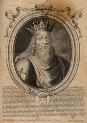 Chlodio, kaldet „den Langhårede“ (428-448), merovingernes forfader og høvding for de saliske frankere. Stik fra „Ophøjede fremstillinger af alle Frankrigs konger fra Faramund og frem“.