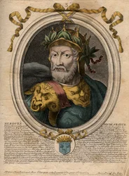 Portræt af Merovee eller Merovech, frankkonge (v448-v458), den første konge af den merovingerske race - Portræt af Merovech (Meroveus) (d456) Kongen af Salian Franks - gravering fra 