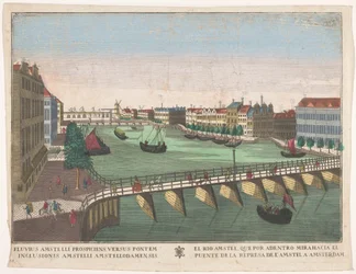 Udsigt over Binnen-Amstel mellem Blauwbrug og Hogesluis i Amsterdam El rio Amstel, que por adentro mirahacia el puente de la represa de l