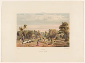 Slavekvarterer på en plantage Slavelejr Surinam. En plantageslavelejr (titel på objekt)