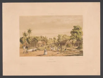 Hjem til slaver på en surinamsk plantage Surinam. En plantageslavelejr (titel på objekt) Vestindien (serietitel på objekt) Udsigt fra Hollands Vestindien (serietitel)
