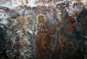 Kristus med engle og helgen, fresko i kirken Panagia, Kitiros, Kreta, Grækenland (foto)