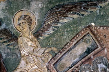 Fresker med engel i Church of Metamorphosis tou Sotiros, Kefali, Kreta, Grækenland (foto)