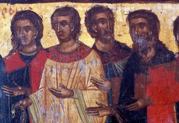 Mandsfigurer, træpanel i den byzantinske kirke Palea Roumata, Kreta, Grækenland (foto)