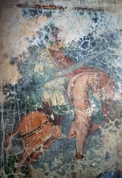 Mand til hest med sværd, fresco i den byzantinske kirke Agios Athanasios, Kefali, Kreta, Grækenland (foto)