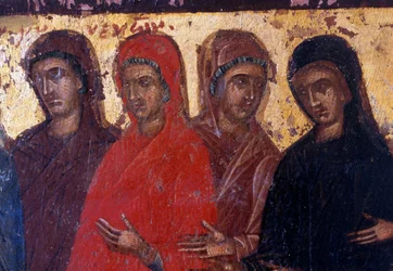 Fromme kvinder, træpanel i den byzantinske kirke Palea Roumata, Kreta, Grækenland (foto)
