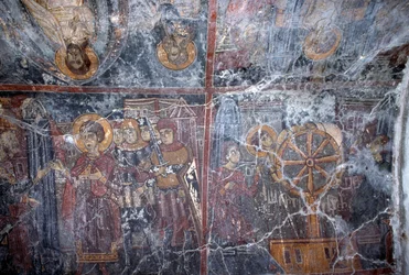 Fresko med religiøst tema, af Ioannis Pagomenos, fresko i den byzantinske kirke St George, Anidri, Kreta, Grækenland (foto)