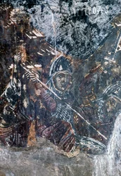 Soldat, beskadiget freskomaleri på loftet af kirken Agios Vasileios, Vavouledo, Kreta, Grækenland (foto)