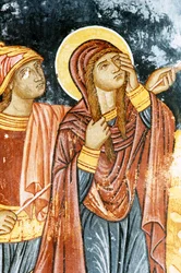 St Longinus og Mary, korsfæstelsesscene, fresko i Mikro Sotiris kloster, Symi-øen, Grækenland (foto)