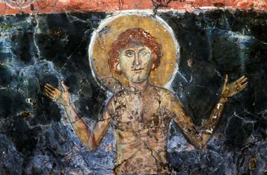 Kristus, fresko i den byzantinske kirke Agios Georgios Sfakiotis, Diavaide, Kreta, Grækenland (foto)