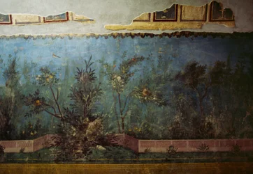Fresko, der forestiller en have med træer og fugle, fra Livias hus på Palatinerhøjen, Rom, Italien. Romersk civilisation