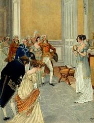 På Tuilerierne forlod ministre, diplomater og statsråde de konsuler, der havde annonceret Marengos sejr (det første italienske felttog (1796-1797) kom for at lykønske Josephine de Beauharnais (1763-1814); hun holder en laurbærkrans adskilt