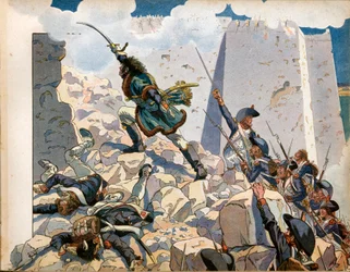 Kampagne (Ekspedition) af Egypten: Joachim Murat (1767-1815) ved belejringen af Saint John of Acre i Egypten. Gravering af Jacques Marie Gaston Onfray de Breville dit Job (1858-1931)