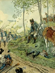 Felttoget i Italien (1799-1800): Napoleon I Bonaparte (1769-1821) ved slaget ved Marengo den 14. juni 1800 i Piemonte (Italien), mellem den napoleonske og den østrigske hær. Illustration af Jacques Marie Gaston Onfray de Bréville, kaldet JOB (1858-1931).