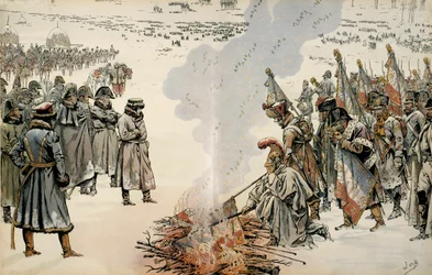 Ruslands kampagne (1812): Under Ruslands tilbagetog beordrede Napoleon I Bonaparte (1769-1821) at brænde flag og ørne for at forhindre fjenden i at overtage dem. I "" Napoleon"" af Georges Montorgueil. Illustration af Jacques Marie Gaston Onfray