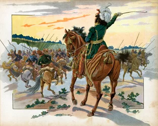 Under det russiske felttog rykkede Joachim Murat (1767-1815) alene frem mod kosakkerne og placerede dem alene ved sin tilstedeværelse. Gravering af Jacques Marie Gaston Onfray de Breville dit Job (1858-1931)