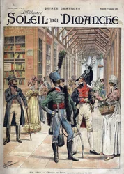 Hver sin blomst. En soldat købte blomster af en ekspedient i et overdækket galleri i Paris i 1816. Fra en akvarel af hr. Job. Indgravering i “Le sun-du-dimanche”, LE 1 JANUAR 1899.