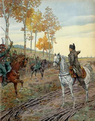 Kejser Napoleon I Bonaparte (1769-1821) anlagde det andet regiment af hestejægere i 1806 under felttoget i Preussen (Tyskland) før slaget ved Iena den 14. oktober 1806. I "" Napoleon"" af Georges Montorgueil. Illustration af Jacques Marie