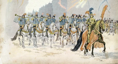 Entré af kong Charles VI (1368-1422) i Paris akkompagnerer tredive trompeter. i "" Frankrig, hans historie fortalt af G. Montorgueil, imagee af Job""" 1896. Privat samling.