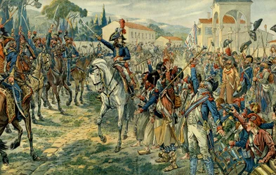 Første italienske felttog (1796-1797): Napoleon 1. Bonaparte (1769-1821) inspicerede Italiens hær i Nice den 27. marts 1796. Illustration ved Jacques Marie Gaston Onfray de Breville, kaldet JOB (1858-1931). Privat samling