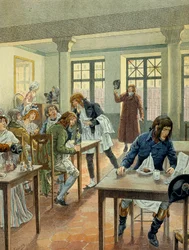 Fransk Revolution i 1789: Napoleon I Bonaparte (1769-1821) ung hos gargotier Justat, fra rue des petits peres (Petits-Peres) i Paris, reduceret til en enkelt ret, som han betalte for 6 under portionen. Illustration af Jacques Marie Gaston Onfray de