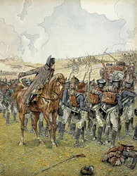 Tysk felttog i 1813: Napoleon I Bonaparte (1769-1821) ved slaget ved Lutzen den 2. maj 1813 kommanderede sin hær, før han vandt sejren. I "" Napoleon"" af Georges Montorgueil. Illustration af Jacques Marie Gaston Onfray de Breville dit JOB (1858-1931)
