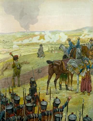 Tysk felttog i 1813: Napoleon I Bonaparte (1769-1821) siddende på en tromme og reflekterede over sin kampstrategi under slaget ved Bautzen den 20. og 21. maj 1813. I "" Napoleon"" af Georges Montorgueil. Illustration af Jacques Marie Gaston Onfray de Brevi