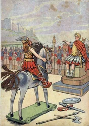 Frankrigs historie. Scene fra det romerske Gallien med legetøj: Den galliske leder Vercingetorix (72-46 f.Kr.) går til den romerske hærfører Julius Cæsar (100-44 f.Kr.) efter slaget ved Alesia i 52 f.Kr. I »Lad os lege historie: Frankrig iscenesat med to