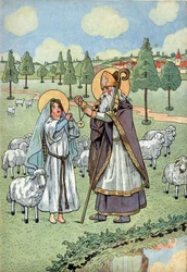 Frankrigs historie. Scene fra den hellige Genevièves liv med legetøj: biskop Sankt Germanus af Auxerre (V.378-448) hænger medaljen, der faldt ned fra himlen, om halsen på den hellige Geneviève (v.423-512), hyrdinde, som vogtede sine får i Nanterre. I