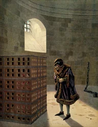 Frankrigs historie i middelalderen (middelalderen): Kardinal Jean Balue (1422-1491) fange i et af de berømte bure til kongen af Frankrig Ludvig XI kaldet den forsigtige (1423-1483) Illustration af Jacques Marie Gaston Onfray de Breville dit JOB (1858-1931)