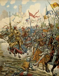 Frankrigs historie i middelalderen: Kong Ludvig 11., kaldet den Kloge (1423-1483), i spidsen for sin hær under slaget ved Montlhéry mod Ligaen for det offentlige gode, 16. juli
