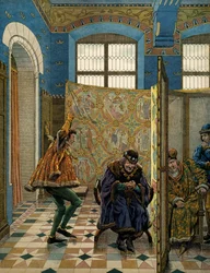 Frankrigs historie i middelalderen (middelalderen): En af herrerne fra Connetable of Saint Pol gør grin med kongen af England (hans allierede), før kongen af Frankrig Louis XI sagde den forsigtige (1423-1483), da en udsending af Edward IV kom for at møde L