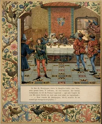 Frankrigs historie i middelalderen (middelalderen): Hertugen af Bourgogne Philippe Le Bon (1396-1467) har et bord med sin invitation delfinen Louis (dengang konge af Frankrig Ludvig XI kendt som den forsigtige)