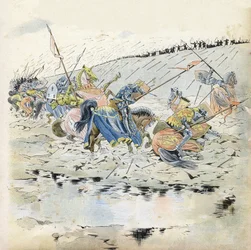 Hundredårskrig: "" Slaget ved Azincourt den 25/10/1415"". Franske tropper besejret af hæren af kong Henrik V (1387-1422). i "Frankrig, hans historie fortalt af G. Montorgueil, imagee af Job"" 1896. Privat samling.