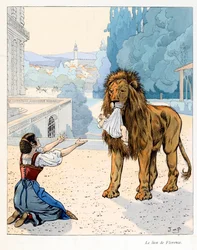 Illustration fra bogen "A la gloire des betes"" tekst af A Fabre, tegninger af Jacques Marie Gaston Onfray de Breville dit JOB (1858-1931), forlægger Maison Alfred Mame og søn: The lion of Florence (flugt fra menageriet af storhertugen af Florenc