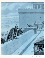 Illustration fra bogen "A la Glory des Betes"" tekst af A Fabre, tegninger af Jacques Marie Gaston Onfray de Breville dit JOB (1858-1931), redaktør Maison Alfred Mame et fils: Les goies du Capitole (890 f.Kr.), les Gallernes belejring af Rom, delvis samlin