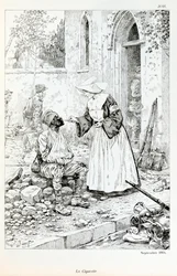 Illustration fra bogen "La Grande Guerre par les artistes"": "" La cigarette Septembre 1914""" religiøse giver en cigaret til en såret soldat af Jacques Marie Gaston Onfray de Breville dit JOB (1858-1931), Delvis Samling