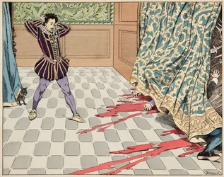 Illustration fra bogen „Le bon roy Henri“, illustreret af Jacques Marie Gaston Onfray de Breville, kaldet JOB (1858-1931): På Sankt Bartholomæus-dagen får hans to venner, Ségur og La Rochefoucauld, skåret halsen over for øjnene af ham - Privat samling