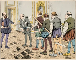 Illustration fra bogen "Le bon roy Henri", illustreret af Jacques Marie Gaston Onfray de Breville dit JOB (1858-1931): Sully (Maximilian de Bethune) viser en alvorlig økonomi - Privat samling