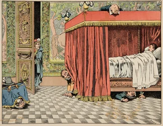Illustration fra bogen “Le bon roy Henri”, illustreret af Jacques Marie Gaston Onfray de Breville dit JOB (1858-1931): Henri IV bor i Paris under spionernes øje - Privat samling