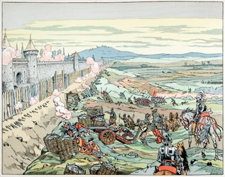 Illustration fra bogen "" Le bon roy Henri"", illustreret af Jacques Marie Gaston Onfray de Breville dit JOB (1858-1931): Henri IV angriber faubourg i Paris i 1590 - Privat samling