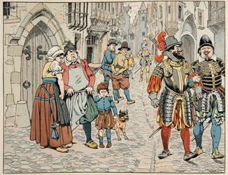 Illustration taget fra bogen “” Le bon roy Henri””, illustreret af Jacques Marie Gaston Onfray de Breville dit JOB (1858-1931): Pariserne ser med dårligt øje de udenlandske tropper, der kommer for at hjælpe dem - Privat samling