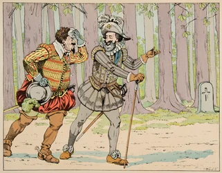 Illustration taget fra bogen "" Le bon roy Henri"", illustreret af Jacques Marie Gaston Onfray de Breville dit JOB (1858-1931): Henri IV giver sin benådning til Charles de Lorraine (1554-1611) hertug af Mayenne efter at have tvunget ham til lidt motion - P